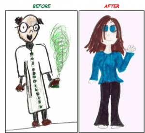 What a student drew when asked to draw a scientist: before and after meeting one. (http://thesocietypages.org/socimages/2010/07/07/role-models-and-gender-stereotyping/)